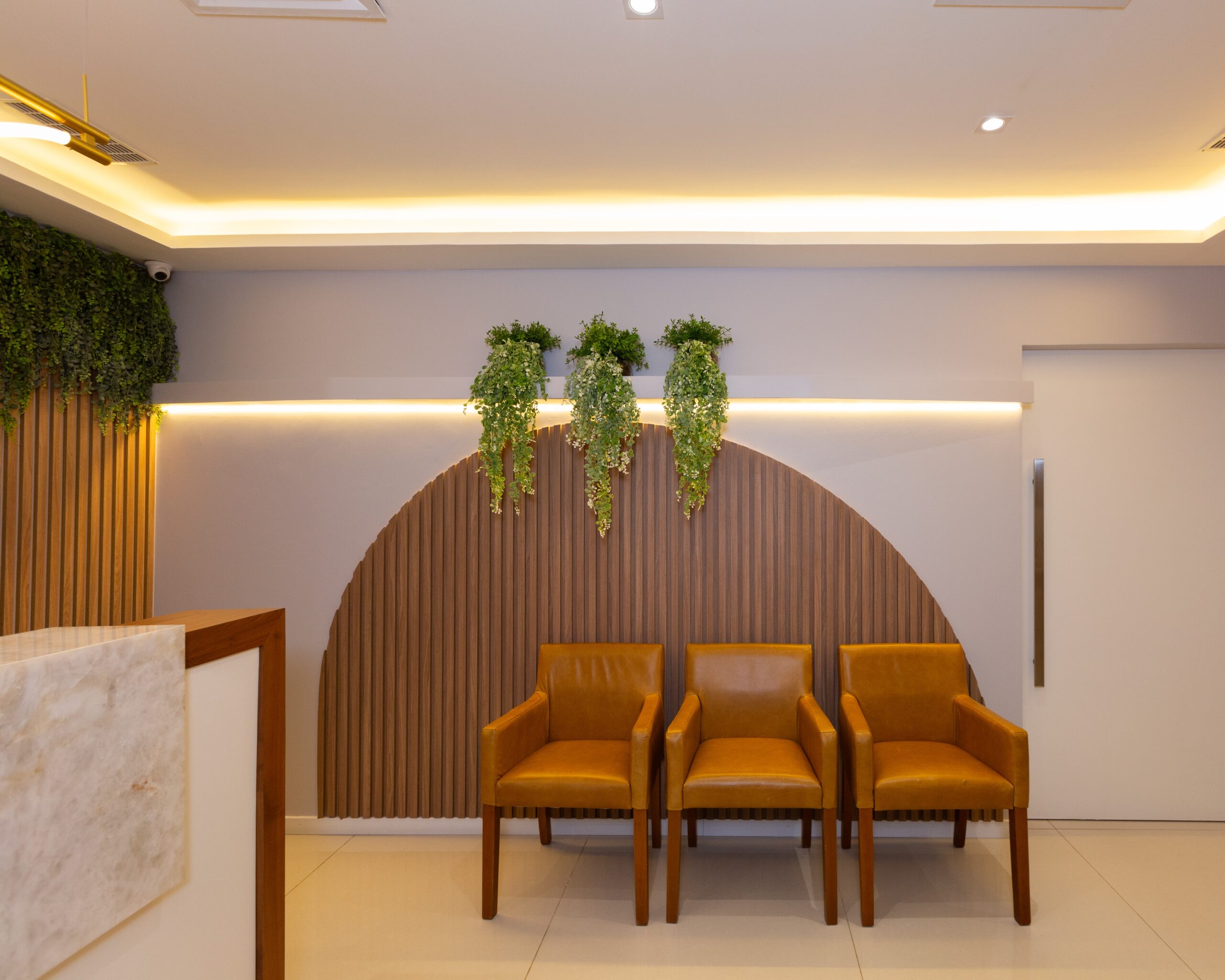 Sala de espera da clínica dermatológica, com foco em estética, localizada na Barra da Tijuca e no Cachambi, ambas no Rio de Janeiro. Três poltronas com meio círculo de madeira e plantas atrás delas. Para deixar o ambiente mais moderno e aconchegante estão luzes de led.