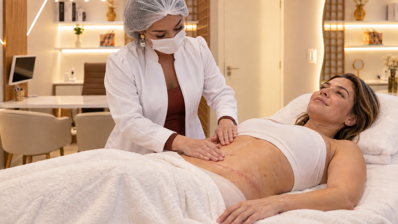 Profissional realizando avaliação e cuidados no pós-operatório de cirurgia plástica em paciente após abdominoplastia, com foco na recuperação, cicatriz e mobilidade dos tecidos.