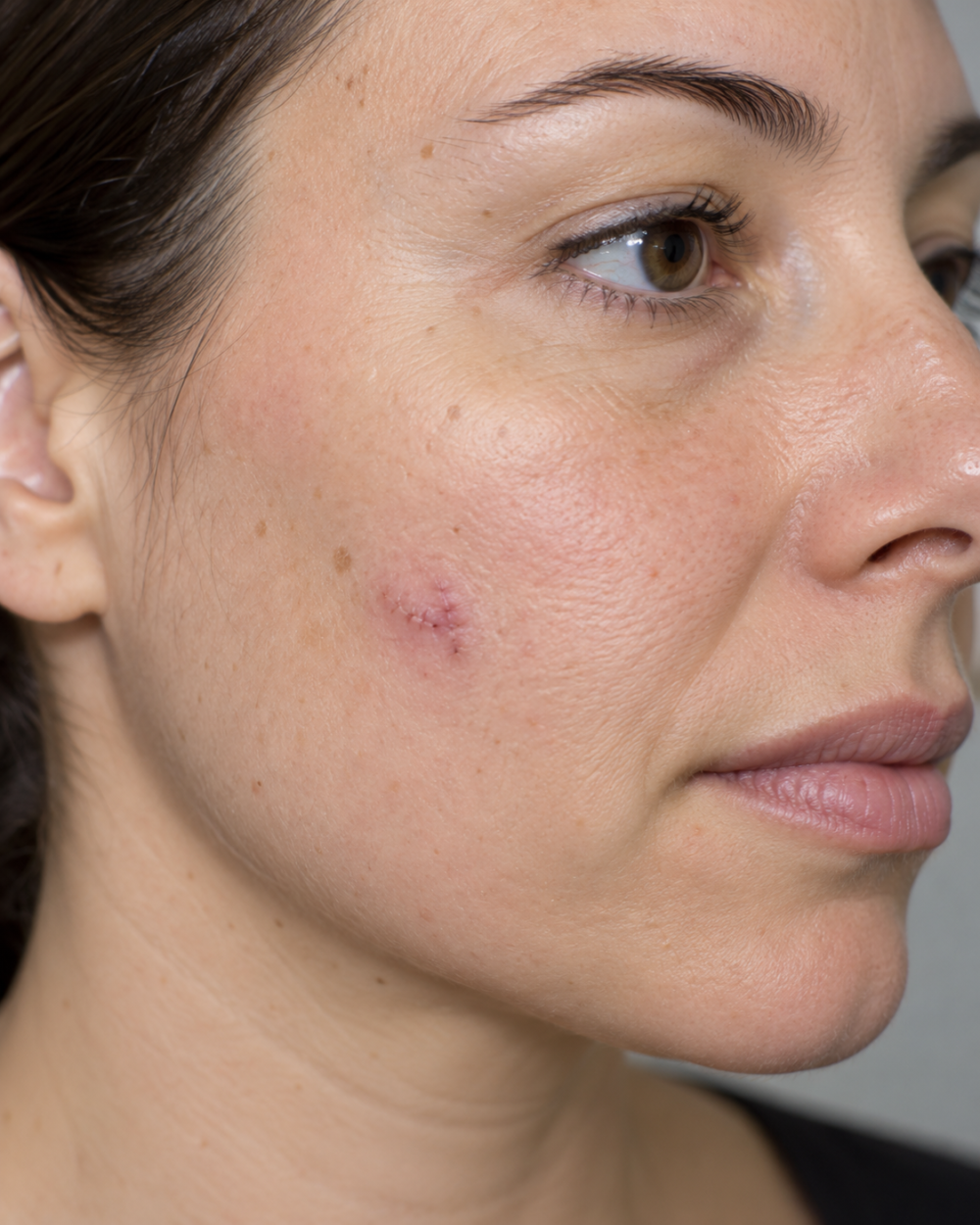 Close do rosto de uma mulher com pequena sutura e vermelhidão na bochecha, ilustrando a cicatrização após cirurgia dermatológica.