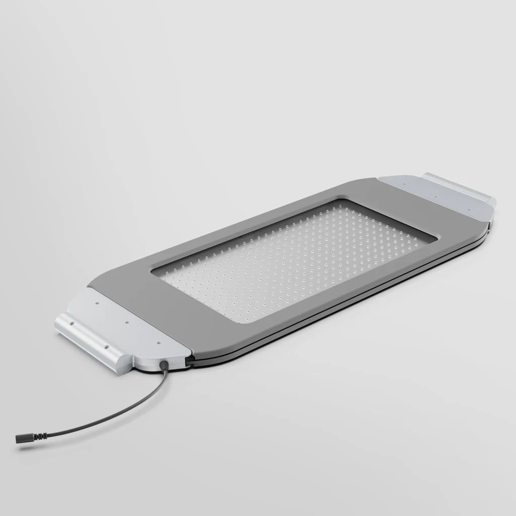 Painel flexível do Dermalux Flex MD aberto, mostrando os diodos de LED utilizados na tecnologia de fototerapia e fotobiomodulação.