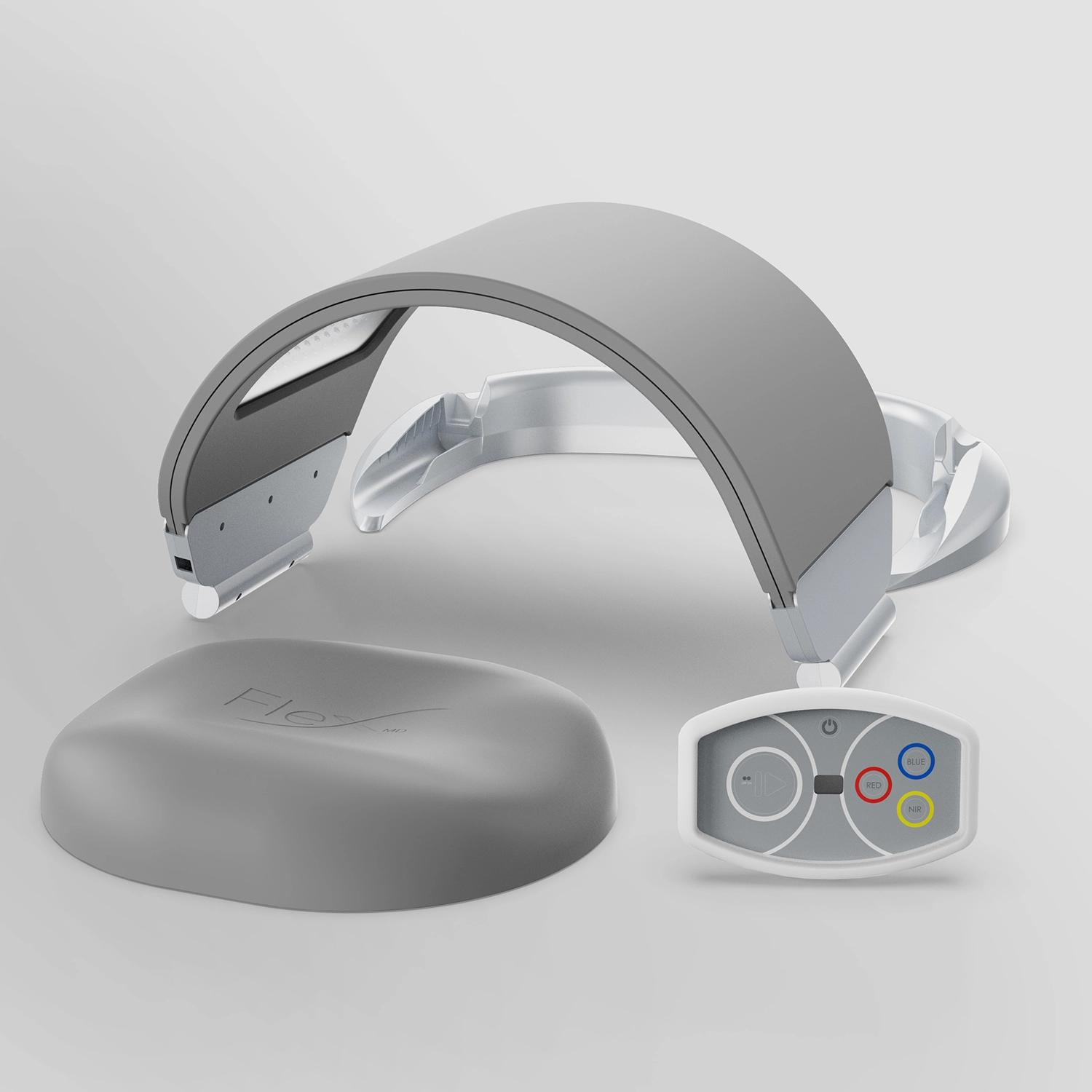 Dermalux Flex MD, LED médico no Rio de Janeiro, em vista lateral, mostrando painel flexível arqueado, base de apoio e controle do equipamento de fototerapia LED.