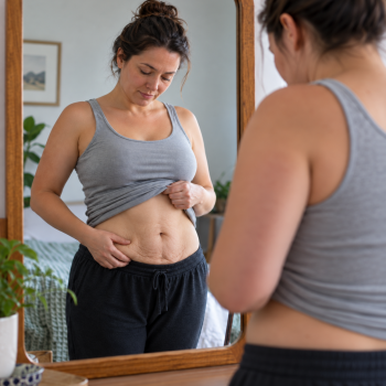 Mulher observa flacidez abdominal e excesso de pele na barriga após emagrecimento diante do espelho.